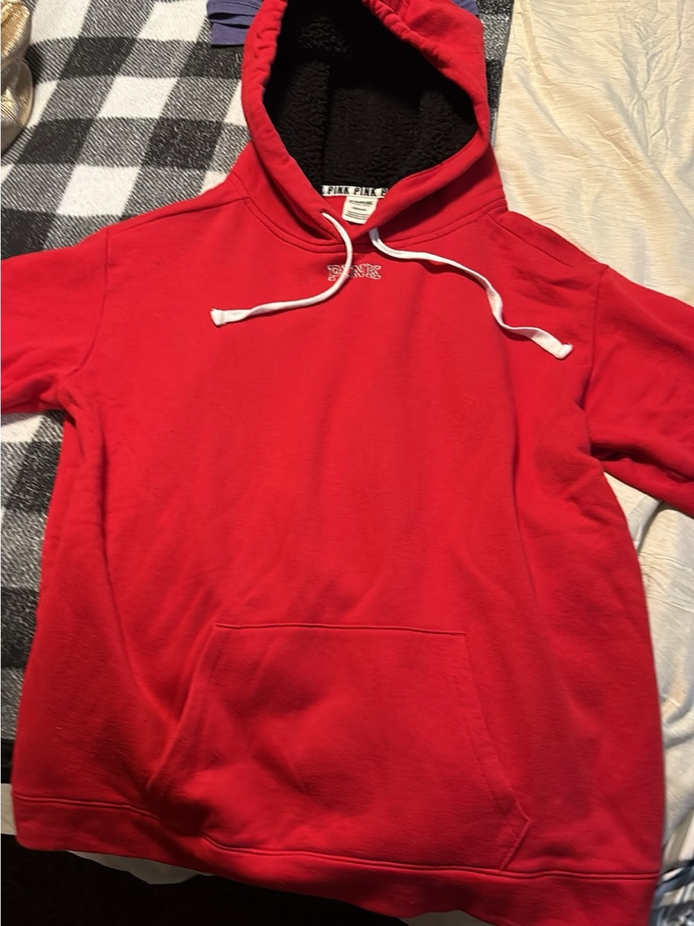 PINK Victoria's Secret Red Hooded Sweatshirt with Black Sherpa Lining - Picture 2 of 3
